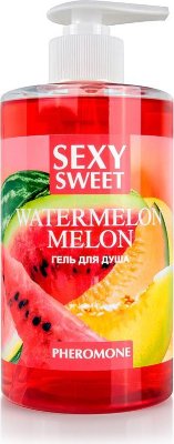 Гель для душа Sexy Sweet Watermelon Melon с ароматом арбуза, дыни и феромонами - 430 мл.  Цена 747 руб. Деликатно очищает кожу. Дарит ощущение свежести и комфорта. Яркий аромат спелого арбуза в сочетании с ароматом сочной дыни улучшает настроение, снимает усталость, тонизирует. Феромоны повышают вашу привлекательность. мягкими массирующими движениями нанесите гель на влажное тело. Смойте тёплой водой. Aqua, Sodium Laureth Sulfate, Cocamidopropyl Betaine, Glycerin, Decyl Glucoside Caprylyl/Capryl Glucoside, Maltooligosyl Glucoside/Hydrogenated Starch Hydrolysate, Sodium Chloride, Parfum*/Aroma, Lactic Acid, Methylchloroisothiazolinone, Methylisothiazolinone, CI 14720, CI 19140. *Содержит феромоны. Страна: Россия. Объем: 430 мл.