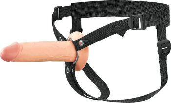 Телесный полый страпон на черных ремнях Hollow Silicone Strap-on - 17,8 см.