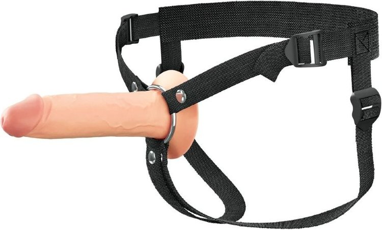Телесный полый страпон на черных ремнях Hollow Silicone Strap-on - 17,8 см.