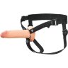 Телесный полый страпон на черных ремнях Hollow Silicone Strap-on - 17,8 см.