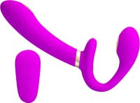 Лиловый безремневой страпон с функцией электростимуляции Thunderbird