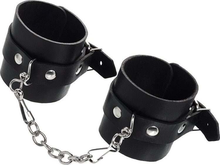 Черные однослойные наручники из натуральной кожи с цепочкой