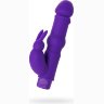 Фиолетовый вибратор с утолщением посередине и клиторальным зайчиком - 18 см.