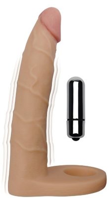 Телесная насадка-вибратор для двойного проникновения - 17 см.  Цена 2 848 руб. Длина: 17 см. Диаметр: 3 см. Удвойте удовольствие с помощью реалистичной насадки на пенис! Теперь вместе с насадкой для двойного проникновения, которая к тому же оснащена 10 функциями вибрации, вы оба сможете наслаждаться сексуальными забавами, не заботясь о необходимости третьего игрока! Эта модель выполнена из мягкого и упругого материала, напоминающим мужской пенис с яркой головкой и прорисованными венками. Она гармонично сочетает в себе эрекционное кольцо чтобы существенно продолжить время интимной близости, также оно обеспечит мягкое и плотное сжатие основания пениса, что позволит усилить эрекцию и повысить выносливость. Вибропуля вставляется в специальную полость в насадке и будет нежно стимулировать анальную зону или область клитора, приближая пик наслаждения! Рабочая длина - 15 см. Минимальный диаметр - 2,2 см. Страна: Китай. Материал: термопластичный эластомер (TPE). Батарейки: 3 шт., тип LR44.
