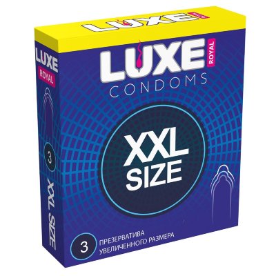 Презервативы увеличенного размера LUXE Royal XXL Size - 3 шт.  Цена 222 руб. Длина: 19 см. Высококачественные гладкие презервативы увеличенного размера. В фирменной упаковке содержится 3 презерватива из тонкого латекса. Ширина - 52 мм. Толщина стенок - 0,06 мм. В упаковке - 3 шт. Страна: Китай. Материал: латекс. Объем: 3 шт.