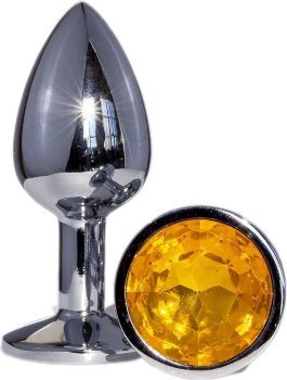 Металлическая анальная втулка с желтым кристаллом - 7,2 см.