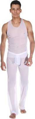 Белый полупрозрачный комплект: майка и брюки  Цена 5 258 руб. Майка-борцовка из тонкой белой полупрозрачной ткани и брюки свободного кроя. В комплекте: майка и брюки. Страна: Турция. Материал: 100% полиэстер.