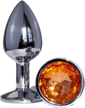 Металлическая анальная втулка с оранжевым кристаллом - 7,2 см.
