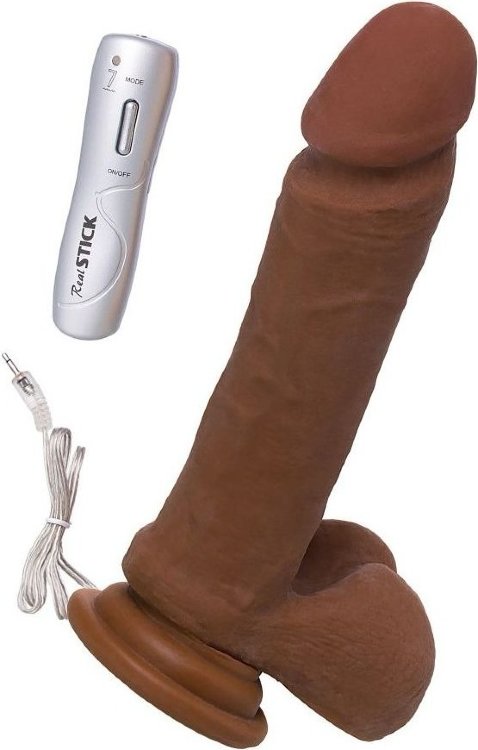 Коричневый вибратор-реалистик на присоске с пультом ДУ - 21 см.