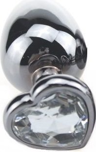 Малая серебристая пробка с прозрачным кристаллом-сердечком - 7,5 см.  Цена 2 116 руб. Длина: 7.5 см. Диаметр: 2.8 см. Металлическая анальная пробка с ограничительным основанием для безопасного использования и кристаллом. Страна: Китай. Материал: металл.