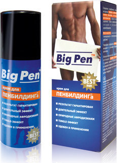 Крем Big Pen для увеличения полового члена - 20 гр.  Цена 1 111 руб. Увеличить размер пениса также легко, как, например, бицепсов. Для этого используется специальная методика - пенбилдинг™ (от слов «penis» и «building», т.е. дословно «построение пениса»). Это постепенное механическое растяжения пениса мужчины до желаемых размеров. За счет удлинения кровенаполнение полового органа значительно увеличивается во время эрекции. Член становится большим и упругим. Крем «Big Pen» – персональный «тренер» и помощник для занятий пенбилдингом. Разогревая кожу полового члена, он настраивает своего обладателя на спортивный лад и предстоящие упражнения. Средство разработано специально для максимального комфорта: комбинирует нежное и супердлительное скольжение масла и приятную упругость крема. Исключительный уровень комфорта и приятных ощущений сочетается с особенной структурой. «Tingle»-эффект является уникальным свойством «Big Pen». Это чувство покалывания и дрожи, которое возникает за счет быстрого проникновения активных компонентов и дает реальное ощущение происходящих изменений. Препарат стимулирует: усиление полового влечения хорошую эрекцию в любом возрасте длительные и интенсивные оргазмы быстрое восстановление либидо формирование требуемой формы члена коррекцию кривизны полового органа. Крем в малом количестве наносится на головку члена и его ствол. Мошонка не смазывается. Плавными движениями маслянистый состав втирается в кожу. За счет усиления подкожной микроциркуляции ощущается тепло и покалывание. После нанесения косметического препарата нужно приступить к выполнению специальных упражнений, детально описанных в инструкции. Рекомендуется использование помпы вакуумного типа и экструдера. Aqua, Glycerin, Polymethylsiloxane, Cyclopentasiloxane (and) PEG/PPG Dimethicone, Caprylic/Capric Triglyceride, Lactose, Betaine, Sodium Chloride, Panax Ginseng Root Extract, Panax Notoginseng Root Extract, Ginkgo Biloba Leaf Extract, Aesculus Hippocastanum Seed Extract, Ruscus Aculeatus Root Extract, Propylene Glycol, PEG-8, Muira Puama Extract, Zingiber Officinale Root Extract, Methylparaben. Страна: Россия. Объем: 20 гр.