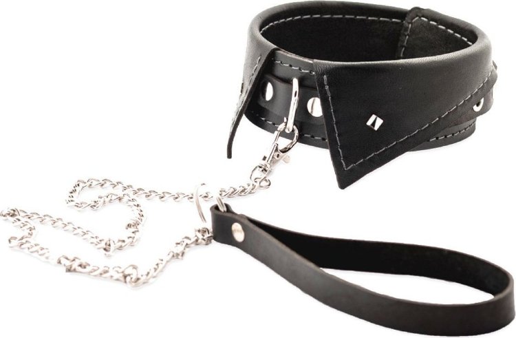 Черный ошейник-воротничок с металлическим поводком
