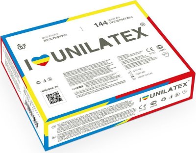 Разноцветные ароматизированные презервативы Unilatex Multifruits - 144 шт.  Цена 7 337 руб. Длина: 19 см. Презервативы стандартного размера, гладкая поверхность, эргономичной формы, цветной латекс красного, желтого и синего цветов, в натуральной гипоаллергенной смазке на основе силиконового масла с ароматом клубники, банана и мультифрукта. Толщина стенки - 0,06 мм. Ширина - 54+/-2 мм. В упаковке - 144 шт. Страна: Малайзия. Материал: латекс.