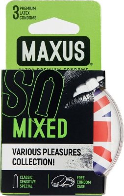 Презервативы в пластиковом кейсе MAXUS AIR Mixed - 3 шт.  Цена 625 руб. Три вида презервативов в одной упаковке: классические, ультратонкие и точечно-ребристые, в индивидуальном дизайне. Удобный пластиковый кейс для хранения. В упаковке - 3 шт. Страна: Великобритания. Материал: латекс. Объем: 3 шт.