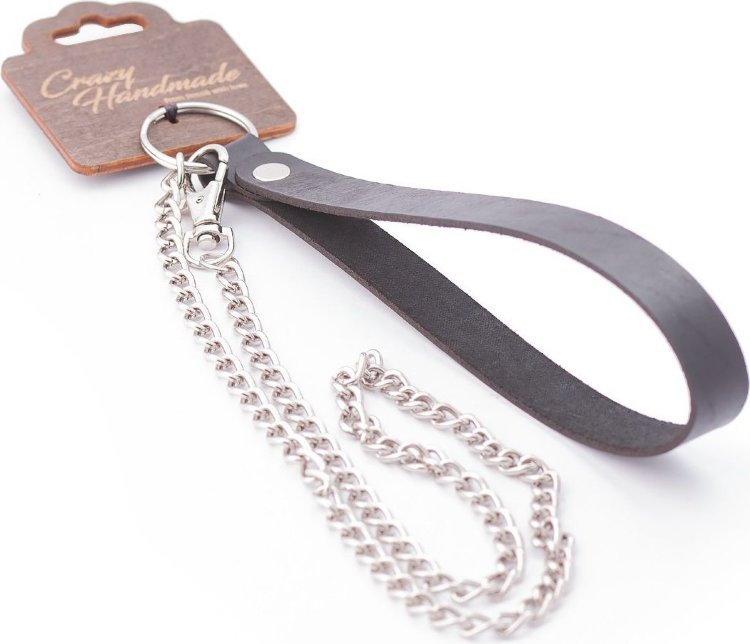 Серебристый металлический поводок с кожаной черной ручкой - 80 см.