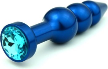Синяя фигурная анальная пробка с голубым кристаллом - 11,2 см.