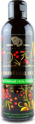 Интимный гель-смазка на водной основе UNIVERSAL SEX - 200 мл. Интимный гель-смазка UNIVERSAL SEX увлажняет, тонизирует, стимулирует и обостряет чувствительность, делая интимную близость страстной и чувственной. Оберегает от раздражения. Универсальная гель-смазка на водной основе для прелюдий и ласк. Обладает шелковистой структурой, долгим скольжением, приятным ароматом. Поддерживает и нормализует PH микрофлоры. Идеально сочетается со средствами контрацепции (презервативы) и любыми секс игрушками. Удобен в применении. Легко смывается водой, не оставляет следов на одежде. Безопасен для применения с резиной и латексом, а также с устройствами, призванными обострить и разнообразить сексуальные отношения. Благодаря натуральным веществам, содержащимся в лубриканте нормализуется кровообращение половых органов обоих партнеров. Идеально увлажняет кожу интимных зон, повышая комфортность интимных отношений, обостряет эротические чувства, повышает чувственность эрогенных зон. наносится тонким слоем на интимную зону при необходимости. Страна: Россия. Объем: 200 мл.