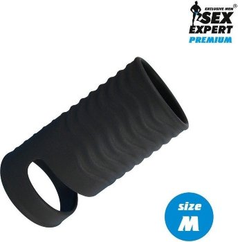 Черная открытая насадка на пенис с кольцом для мошонки size M - 7,9 см.