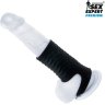 Черная открытая насадка на пенис с кольцом для мошонки size M - 7,9 см.