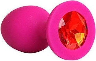 Ярко-розовая анальная пробка с красным кристаллом - 9,5 см.