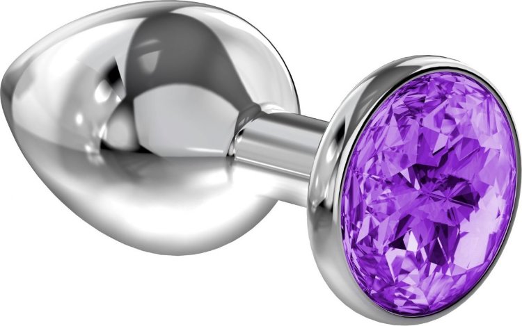 Малая серебристая анальная пробка Diamond Purple Sparkle Small с фиолетовым кристаллом - 7 см.