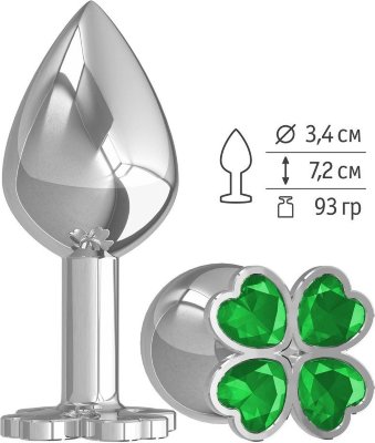 Средняя серебристая анальная втулка с клевером из зеленых кристаллов - 8,5 см.  Цена 2 809 руб. Длина: 8.5 см. Диаметр: 3.4 см. Широкое основание пробки гарантирует безопасное использование. Идеально гладкая поверхность не доставит никакого дискомфорта. Искрящиеся кристаллы заслуживают особого внимания — они помогут избавиться от малейшего стеснения. Благодаря продуманной форме и качественным материалом ее использование принесет только удовольствие. Рабочая длина - 7,2 см. Вес - 93 гр. Страна: Россия. Материал: металл.