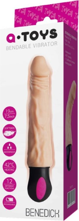 Телесный гнущийся вибратор с функцией нагрева - 19 см.