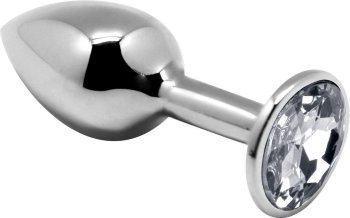 Серебристая анальная втулка с прозрачным кристаллом Mini Metal Butt Plug Size S - 7 см.
