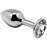 Серебристая анальная втулка с прозрачным кристаллом Mini Metal Butt Plug Size S - 7 см.