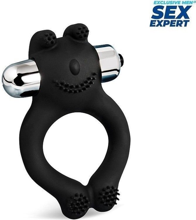 Черное силиконовое эрекционное виброкольцо Sex Expert