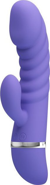 Сиреневый вибратор с рёбрами и клиторальным отростком Tracy - 18,8 см.