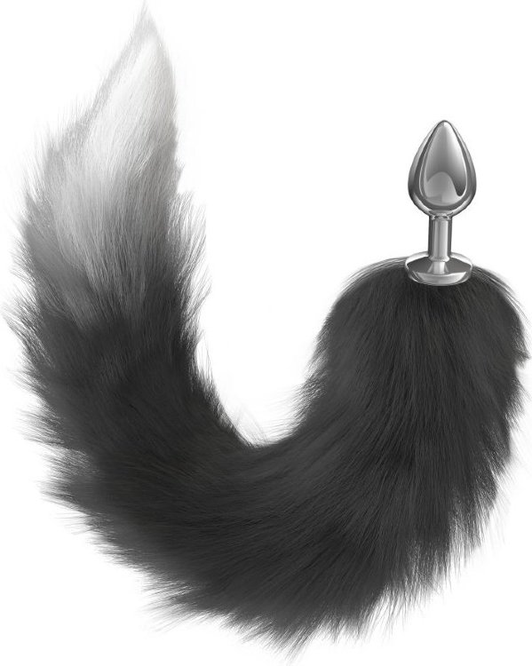 Серебристая анальная пробка с черным хвостом Galaxy