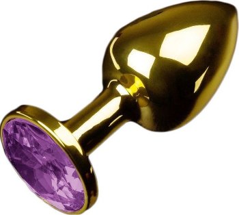 Маленькая золотистая анальная пробка с круглым кончиком и фиолетовым кристаллом - 7 см.