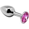 Серебристая анальная втулка с розовым кристаллом Mini Metal Butt Plug Size S - 7 см.