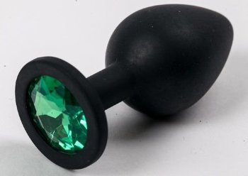 Черная силиконовая анальная пробка с зеленым кристаллом - 9,5 см.