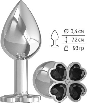 Средняя серебристая анальная втулка с клевером из черных кристаллов - 8,5 см.