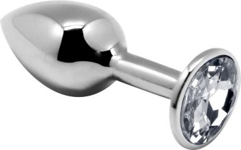 Серебристая анальная втулка с прозрачным кристаллом Mini Metal Butt Plug Size M - 8 см.