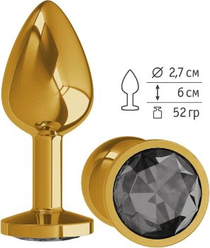Золотистая анальная втулка с чёрным кристаллом - 7 см.
