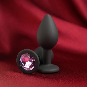 Черная анальная пробка с лиловым кристаллом - 7,2 см.