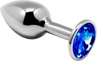 Серебристая анальная втулка с синим кристаллом Mini Metal Butt Plug Size M - 8 см.