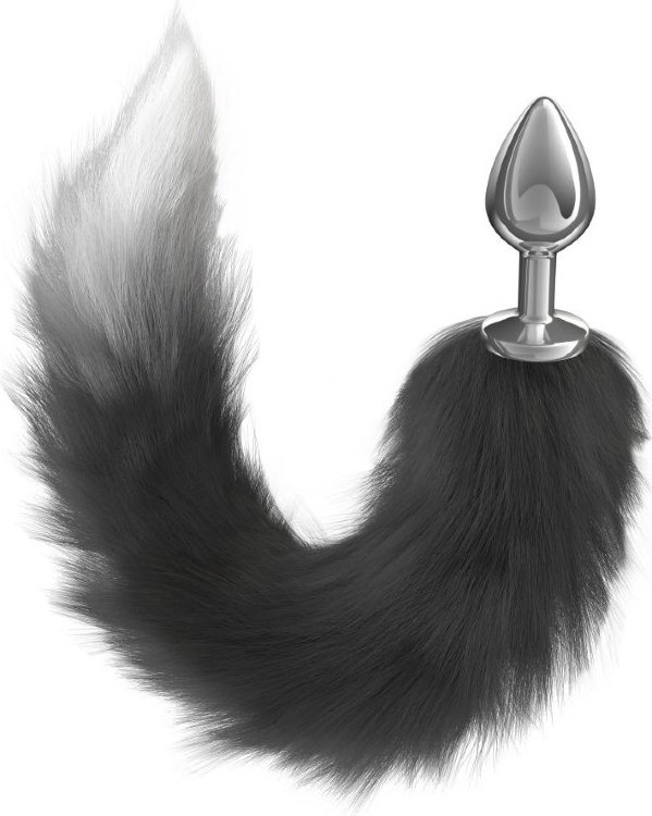 Серебристая анальная пробка с черным хвостом Starlit