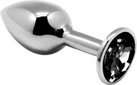 Серебристая анальная втулка с черным кристаллом Mini Metal Butt Plug Size M - 8 см.