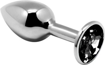 Серебристая анальная втулка с черным кристаллом Mini Metal Butt Plug Size M - 8 см.