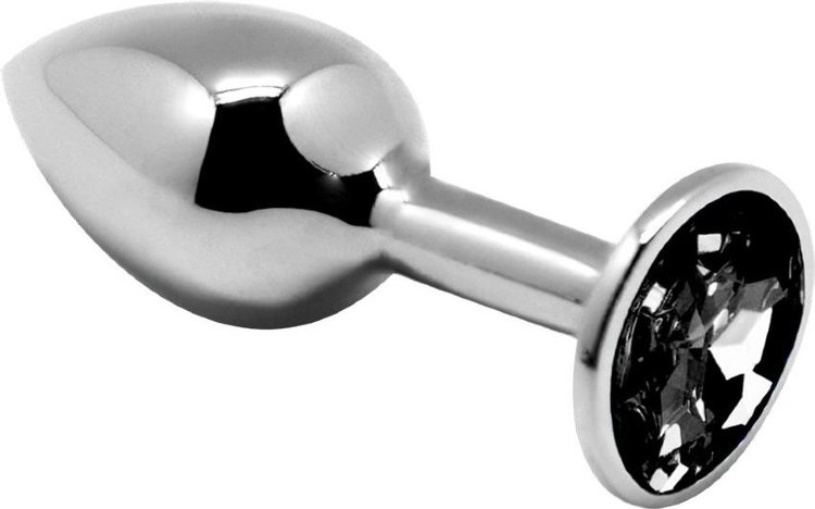 Серебристая анальная втулка с черным кристаллом Mini Metal Butt Plug Size M - 8 см.