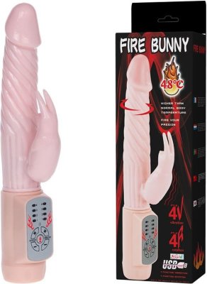 Вибратор Fire Bunny с клиторальным отростком и нагревом - 22 см. Длина: 22 см. Диаметр: 3 см. Вибратор с клиторальным стимулятором, ярко выраженной головкой и рельефной поверхностью. Имеет 4 режима ротации и 12 режимов вибрации, которые удобно управляются кнопками на пульте у основания игрушки. Также вибратор имеет функцию нагрева (до 48 градусов), которая легко включается-выключается одним нажатием кнопки. Заряжается вибратор при помощи зарядного устройства (входит в комплект). Рабочая длина - 14,5 см. Длина клиторального отростка - 7,2 см., диаметр - 2,4 см. Страна: Китай. Материал: термопластичная резина (TPR). Батарейки: встроенный аккумулятор.