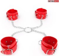 Комплект красных наручников и оков на металлических креплениях с кольцом