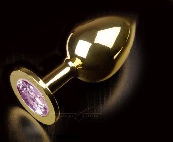 Большая золотая анальная пробка с закругленным кончиком и розовым кристаллом - 9 см.