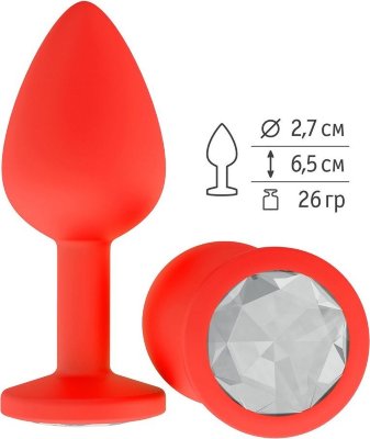 Красная анальная втулка с прозрачным кристаллом - 7,3 см.  Цена 1 719 руб. Длина: 7.3 см. Диаметр: 2.7 см. Гладенькая силиконовая пробка с кристаллом в ограничительном основании. Рабочая длина - 6,5 см. Вес - 26 гр. Страна: Россия. Материал: силикон.