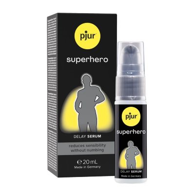 Пролонгатор-сыворотка pjur Superhero Delay Serum - 20 мл.  Цена 7 138 руб. Инновационная сыворотка для задержки эякуляции у мужчин. Гель создает защитную пленку на половом члене, которая снижает чувствительность без онемения. Это помогает предотвратить преждевременную эякуляцию. Сыворотку можно использовать каждый день, она совместима с латексными презервативами. Она также отлично сочетается со всеми лубрикантами pjur. Нанесите 1–2 порции на головку полового члена и равномерно распределите. Слегка промокните через 15–20 секунд (не вытирайте), чтобы сыворотка не подействовала на вашего партнера. Cyclopentasiloxane, Dimethicone, Polymethylsilsesquioxane, Dimethiconol. Страна: Германия. Объем: 20 мл.