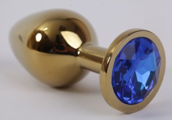 Золотистая анальная пробка с синим кристаллом - 8,2 см.